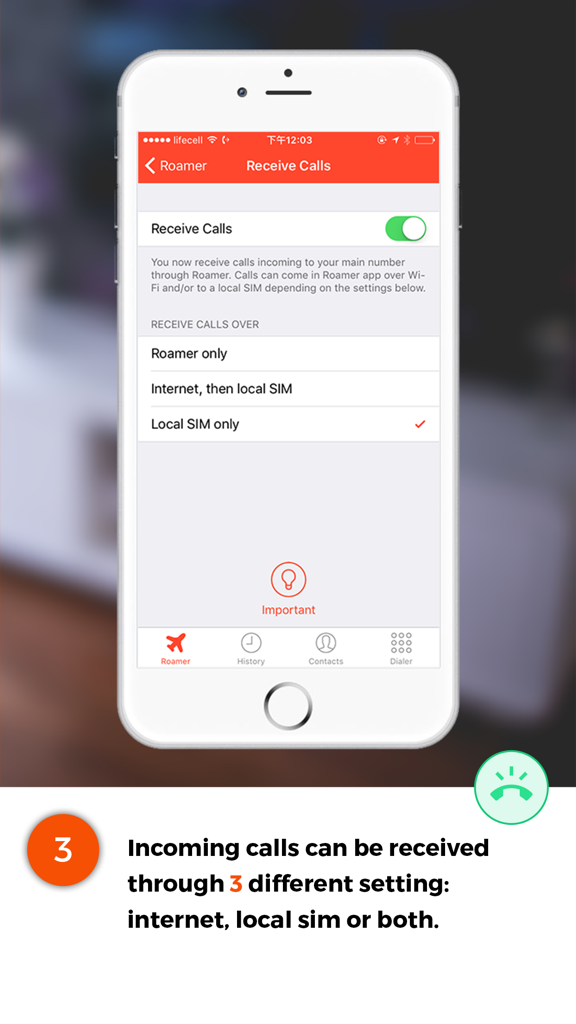 Pantalla de la aplicación Roamer mostrando opciones para recibir llamadas a través de internet o SIM local