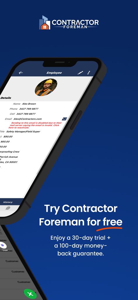 Application mobile Contractor Foreman montrant un écran de profil d'employé et une offre promotionnelle d'essai gratuit de 30 jours