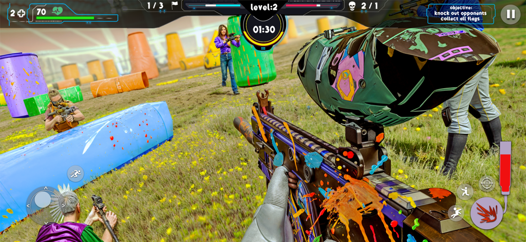 Paintball : The Airsoft Battle - Vista en primera persona de un partido táctico de tiro de paintball en una colorida arena exterior