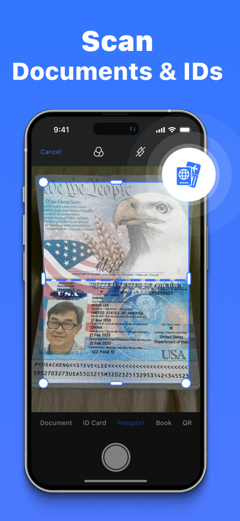 Air Printer - Smart Print App - Interface de smartphone mostrando o recurso de digitalização de documentos e identidades para impressão móvel