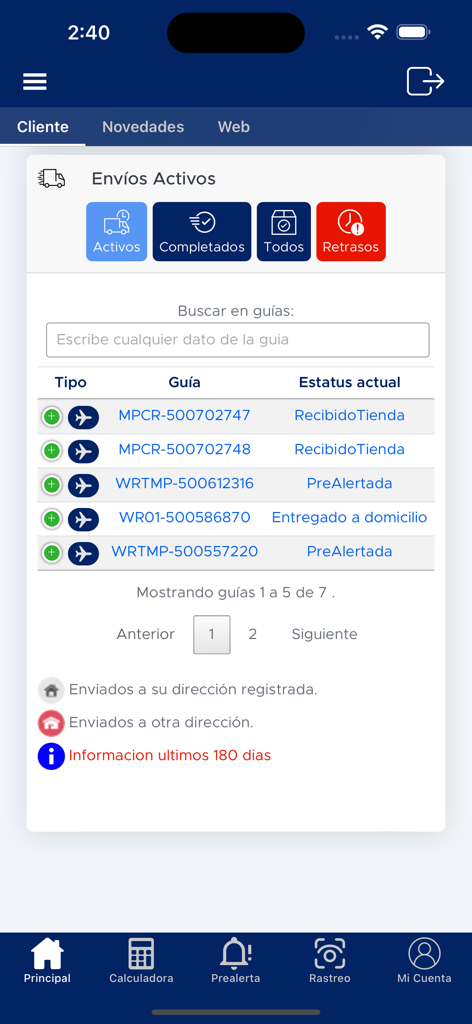 Liberty Express App dashboard showing a list of active international shipments with tracking numbers and delivery statuses