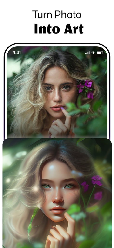 リアルな女性のポートレートとその夢のようなAI生成アート版を比較したもの