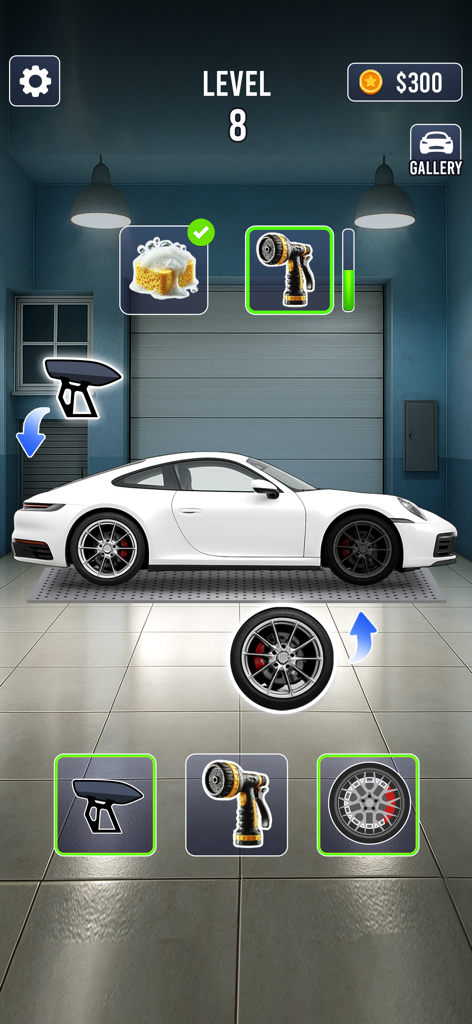Car Wash: ASMR Game - Gameplay screen of Car Wash ASMR Game showing a white sports car and customization tools in a garage