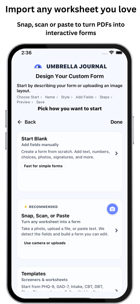 Umbrella Journal : Smart CBT - ワークシートをインポートし、カスタムCBTフォームを作成するためのUmbrella Journalアプリのインターフェース