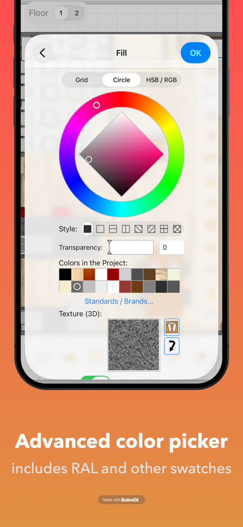 Room Arranger - Advanced color picker interface with RAL swatches and texture selection in the Room Arranger app.