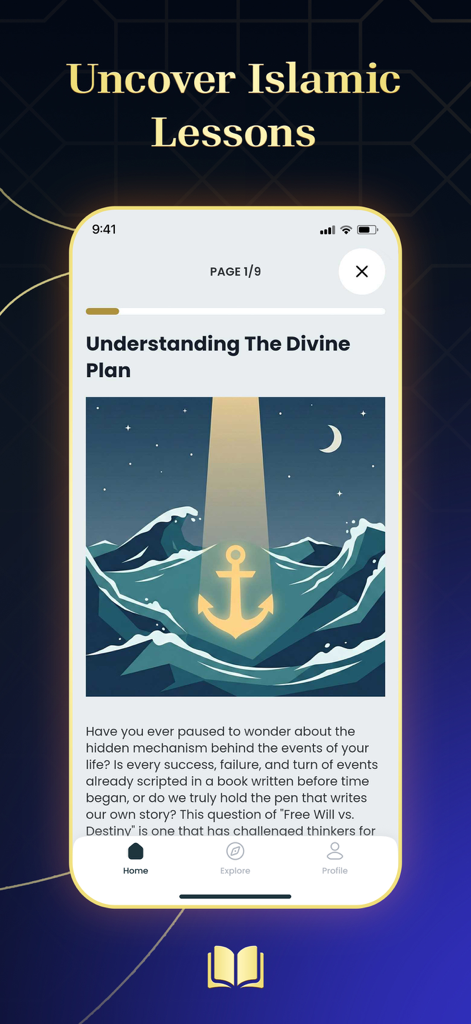 AyahPath Daily app interface showing an Islamic lesson on the divine plan with an anchor illustration
