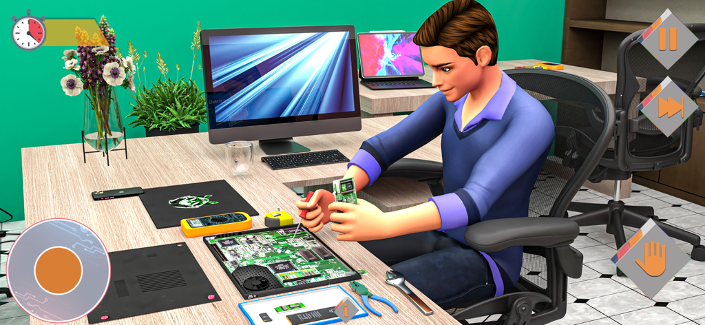 Repair & Fix Electronics Games - A character fixing an electronic motherboard at a desk in a repair simulation game