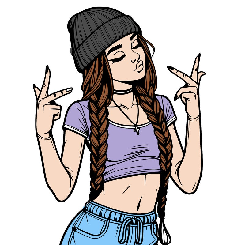 realistic teenage girl with braids and a beanie and crop top doing 🫶🏼