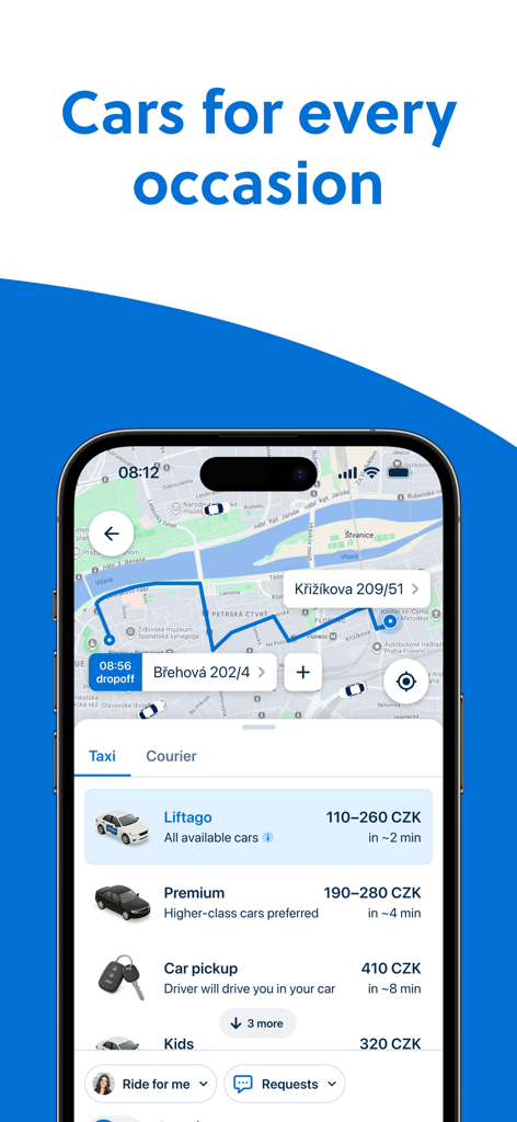 Liftago: Travel safely - Liftago mobile app interface showing car selection options including Premium and Kids categories on a map of Prague