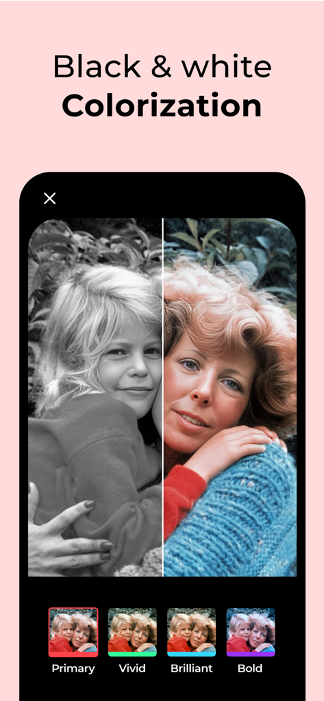 Une comparaison sur écran partagé d'une vieille photo en noir et blanc en cours de colorisation avec des filtres IA comme Vivid et Brilliant