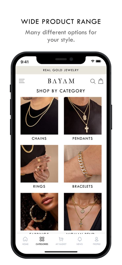 BAYAM JEWELRY - Bayam Jewelry app interface showing shop by category screen with gold chains pendants rings and bracelets