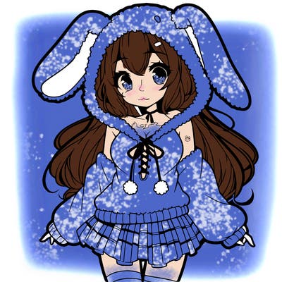 pretty anime girl wearing a fluffy hoodie with bunny ears on the hood and a skirt