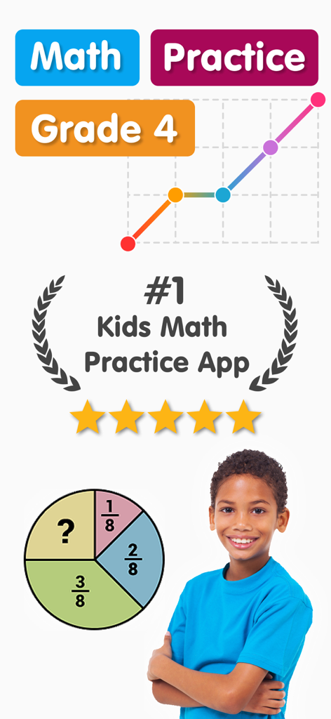Promotional screen for Math Master Grade 4 educational app featuring a smiling student and math illustrations