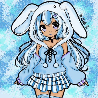 pretty anime girl wearing a fluffy hoodie with bunny ears on the hood and a skirt