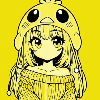 anime girl with chick shaped hat with sweater with bare shoulders with bangs covering them one eye with low tail