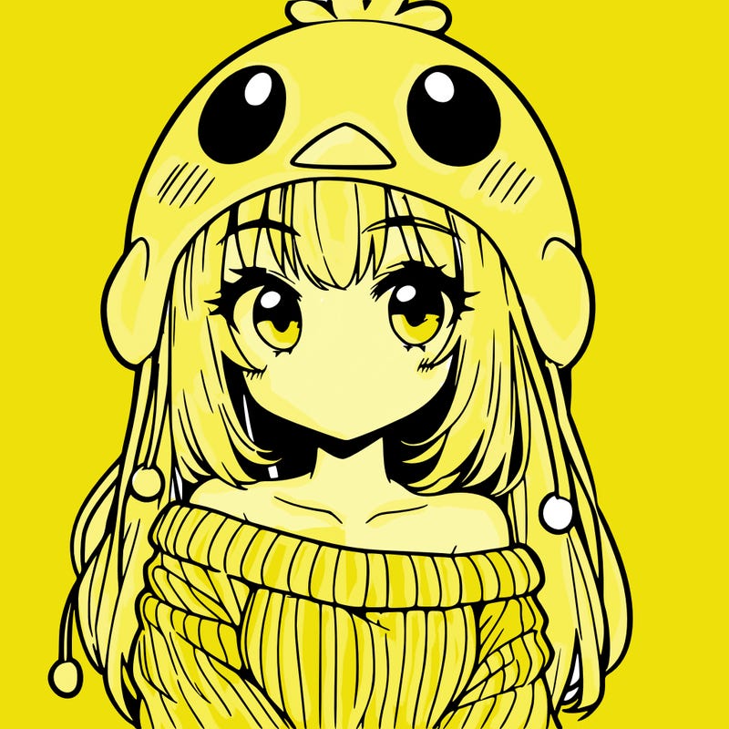 anime girl with chick shaped hat with sweater with bare shoulders with bangs covering them one eye with low tail