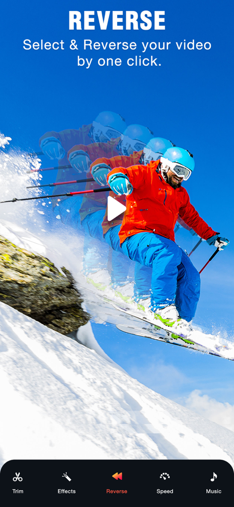 Uma captura de tela do aplicativo VidReverse mostrando um esquiador em uma montanha com efeito de borrão de movimento e um menu inferior para ferramentas de edição de vídeo, incluindo velocidade reversa e música