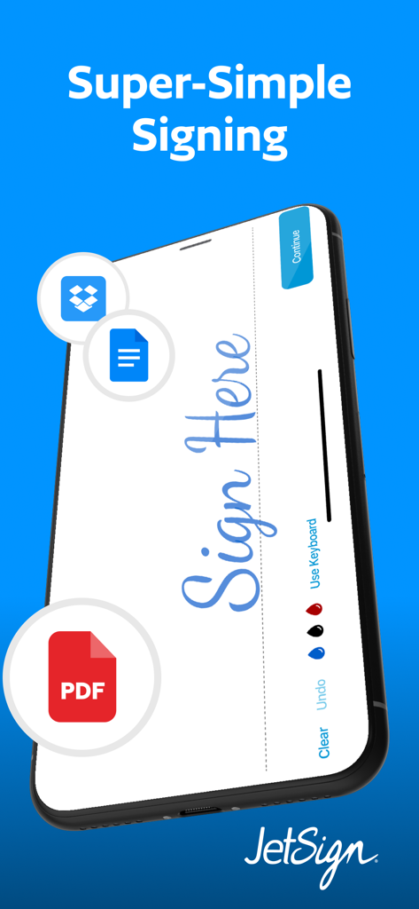 JetSign: Fill & Sign PDF Docs - A smartphone showing the JetSign app interface with a digital signature on a PDF document and cloud storage icons.