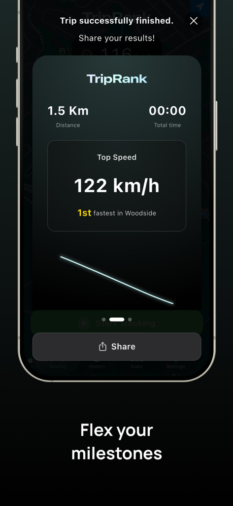 TripRank app screen showing driving statistics and a top speed of 122 km per hour with a share button.