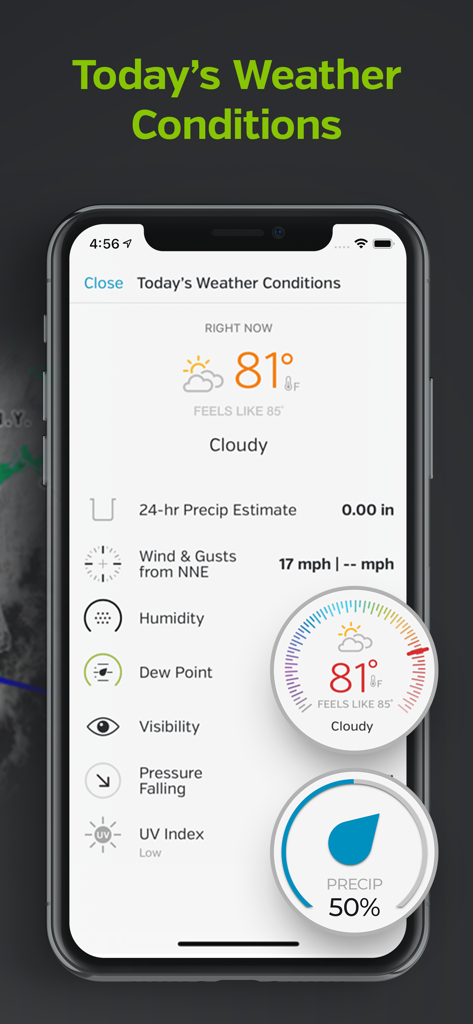 Screenshot of the Weather Underground app showing detailed local weather conditions including temperature wind speed and precipitation probability