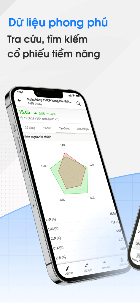 FireAnt - Đầu tư chứng khoán - Aplicación móvil FireAnt que muestra un gráfico de radar para el análisis de la solidez financiera de las acciones