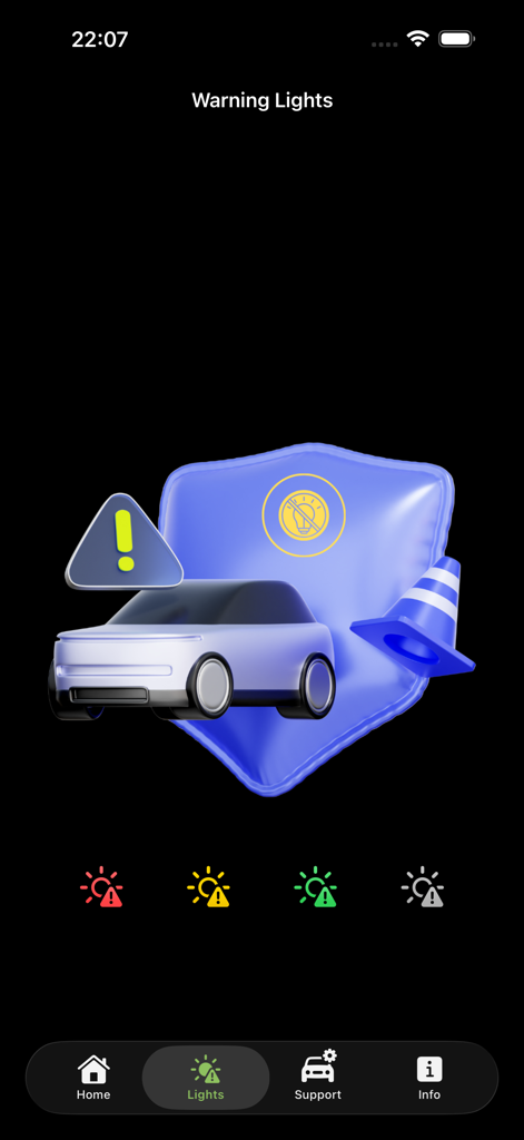 A mobile app interface from Support EV Cars displaying the Warning Lights section with a 3D car illustration and various dashboard alert icons.