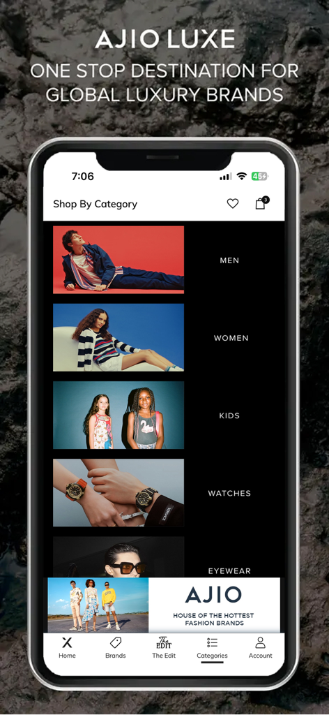 AJIO Luxe app interface showing shopping categories for men, women, kids, watches and eyewear