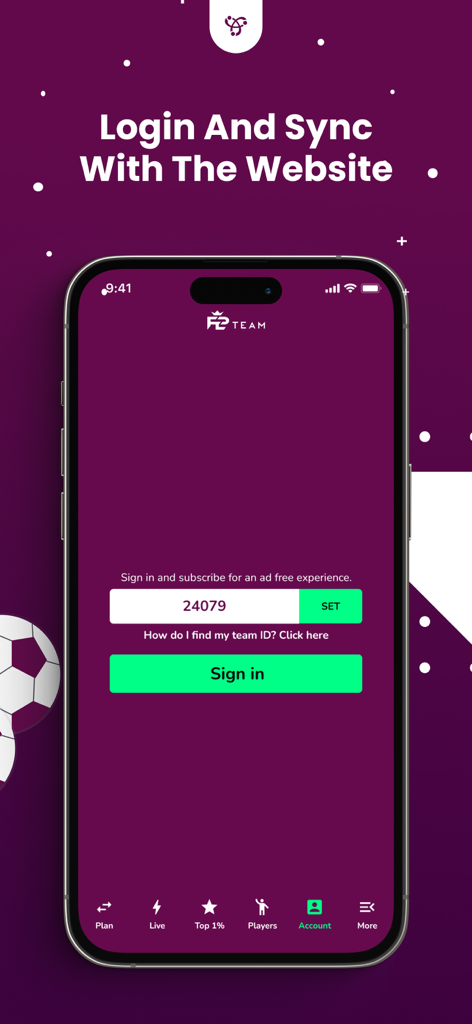 FPL Team - Anmeldebildschirm der FPL Team App zur Anmeldung und Synchronisierung von Kontodaten mit der Website
