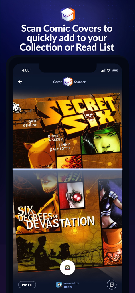 Smartphone nutzt die Comic Geeks App, um ein Comic-Cover für die digitale Sammlungsverfolgung zu scannen