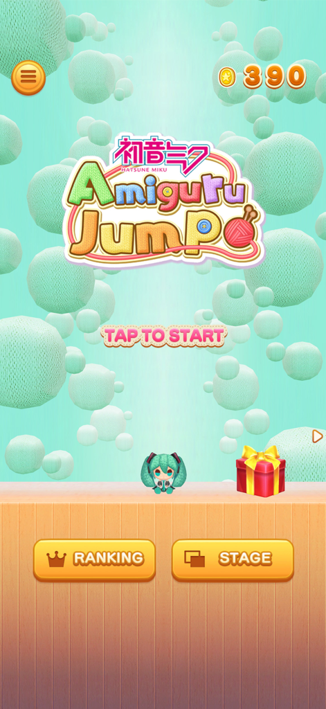 Hatsune Miku Amiguru Jump - Hatsune Miku Amiguru Jump mobile game title screen with a cute amigurumi character and tap to start button