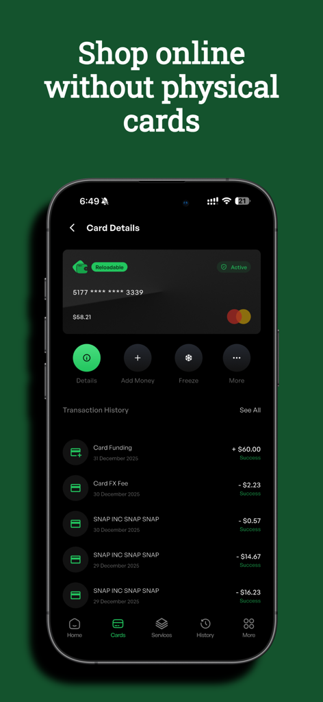 Digital Purse - Digital Purse app showing virtual card details and transaction history for online shopping without physical cards