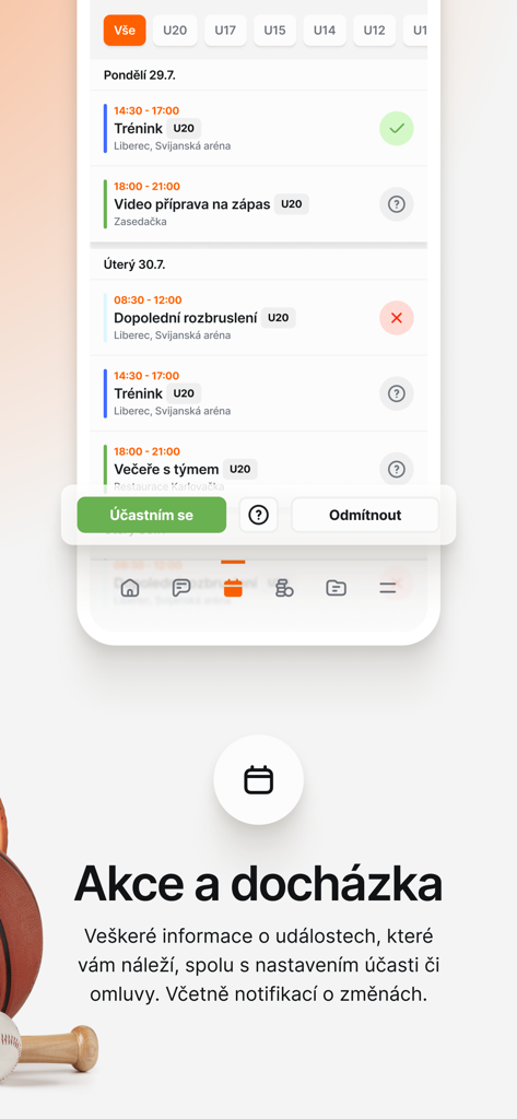 KIS - Mobile app interface for sports club event scheduling and attendance tracking.