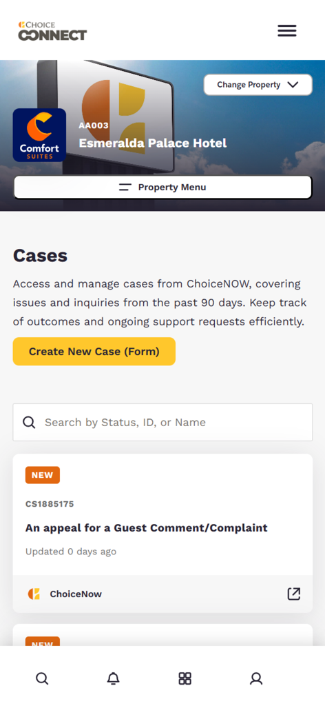 ChoiceConnect 앱 인터페이스, 호텔 고객 불만 및 운영 사례 관리를 위한 대시보드를 보여줍니다.