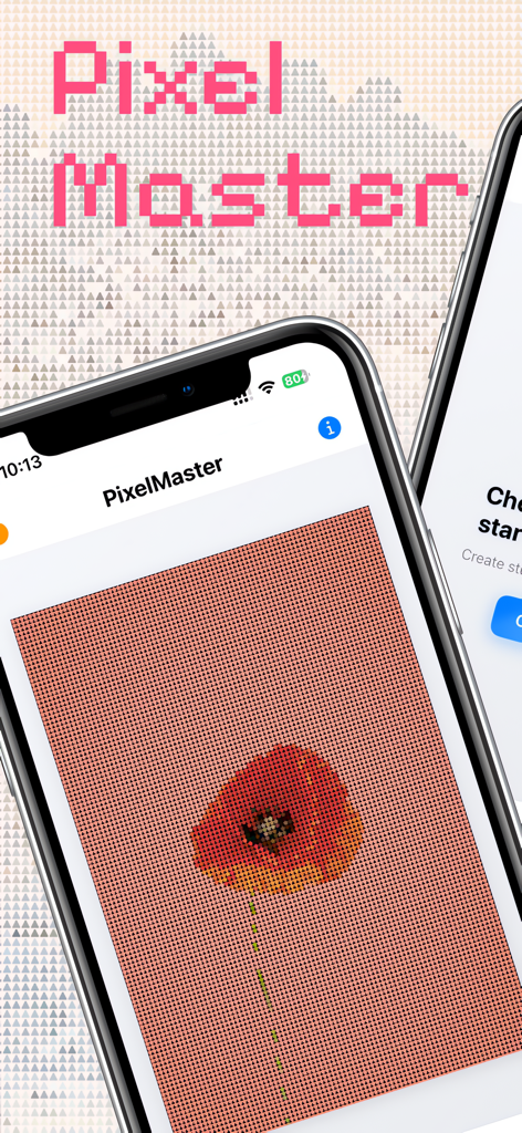 PixelMaster-App-Oberfläche auf einem iPhone, die eine verpixelte rote Blume zeigt