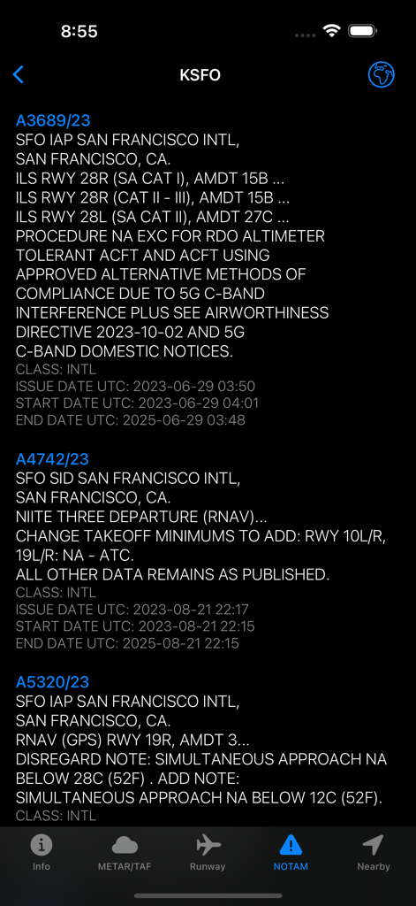 Liste des alertes NOTAM actives pour l'aéroport international de San Francisco KSFO dans l'application Aviation Weather.