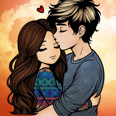 a realistic couple boy and girl hugging and kissing