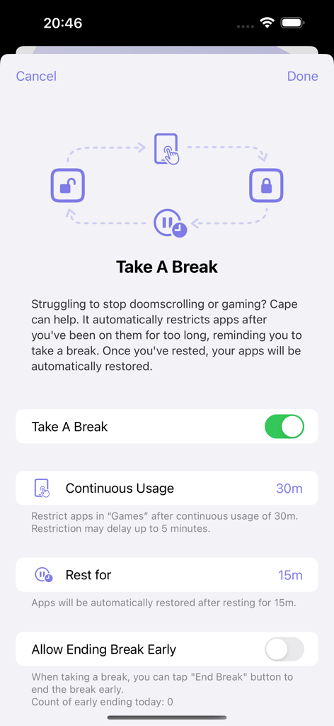 Interface of Cape Screen Time Master showing the Take A Break feature with options for continuous usage and rest duration
