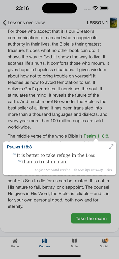 Interface of the EMMAUS app showing a Bible lesson text with a pop up window for a specific scripture verse