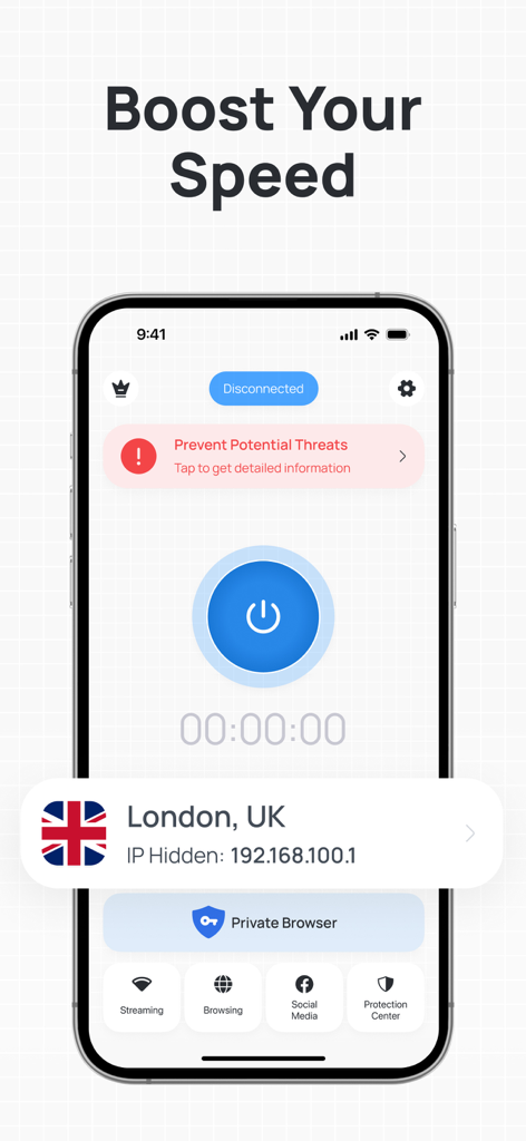 SecureNet VPN app interface showing a one-tap connection button and server location in London.