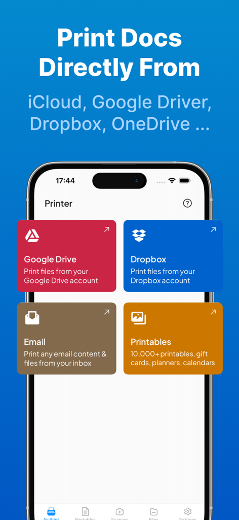 Smart Printer App: Scan Print - Painel do App de Impressão Inteligente exibindo opções para imprimir documentos diretamente do Google Drive, Dropbox, E-mail e modelos.
