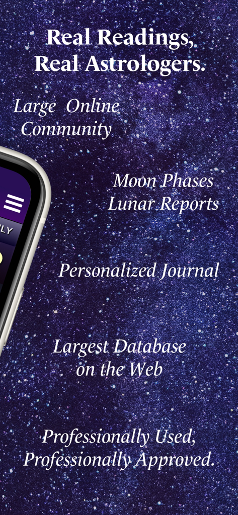 Astromatrix Horoscopes app features including moon phases and lunar reports over a starry background.