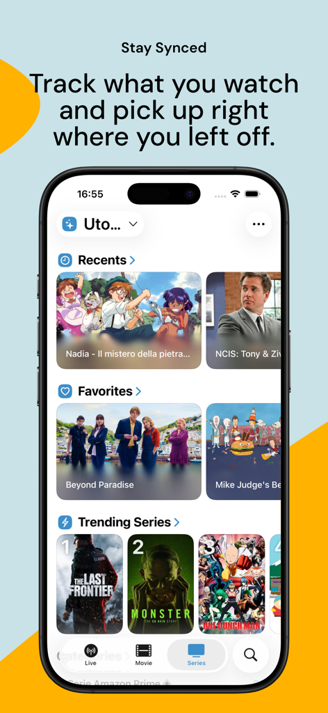 IPTV World: Watch TV Online - 추적 중인 시리즈와 동기화된 시청 기록을 표시하는 IPTV 월드 앱 인터페이스.