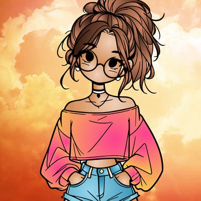 girl with a messy ponytail glasses a baggy crop top and jean shorts