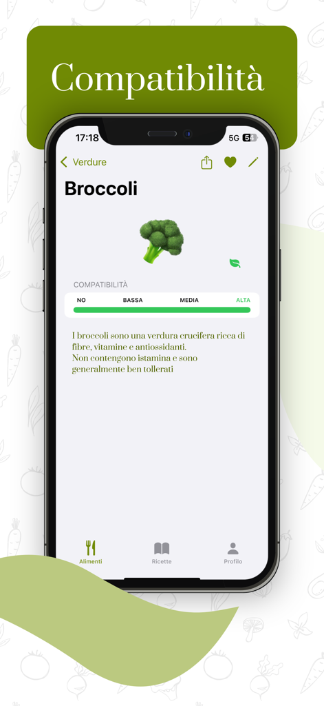 Interfaz de aplicación móvil que muestra la compatibilidad del brócoli e información nutricional para una dieta baja en histamina.