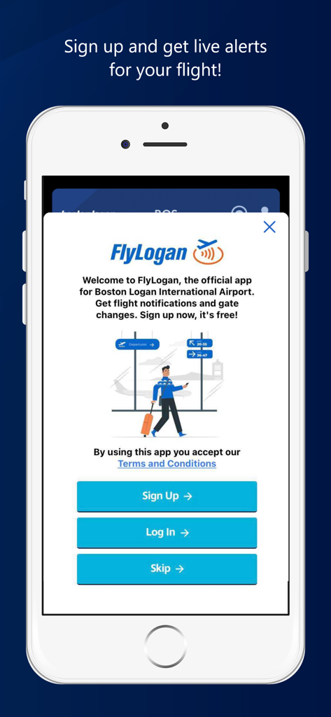 FlyLogan app welcome screen with signup and login options for live flight alerts