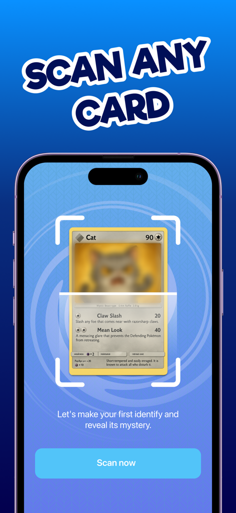 Card Scanner TCG for Pokemon - Mobile app interface showing the scan any card feature for Pokemon trading cards