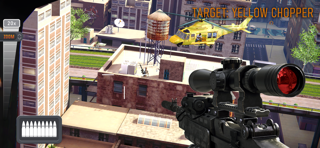 first person view of a sniper rifle aiming at a yellow helicopter in a city mission