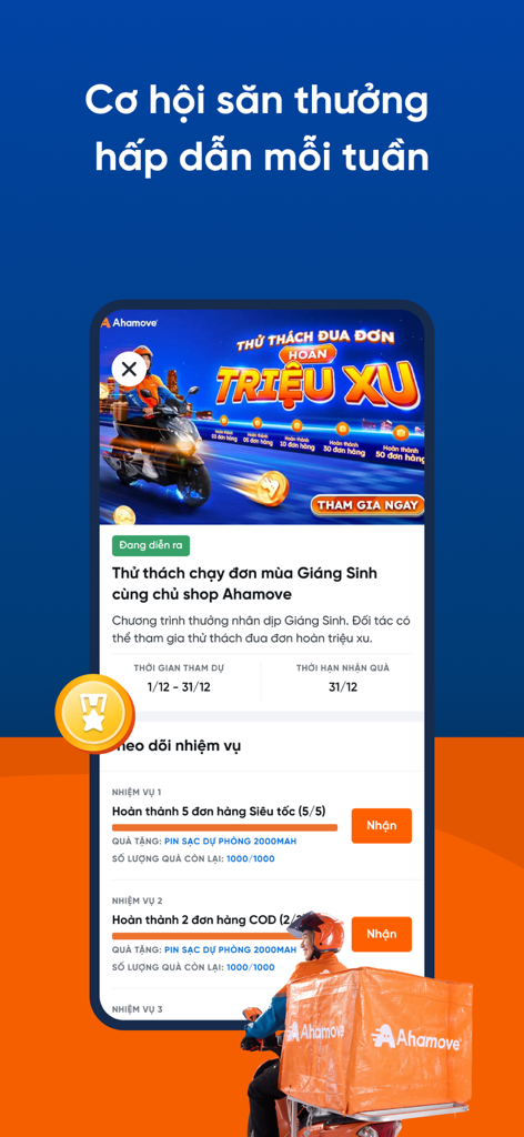 Tài xế Aha - Ahamove Driver app interface showing weekly reward missions and delivery challenges for drivers