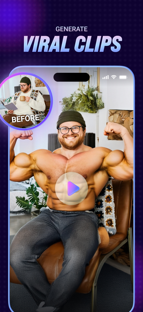 AI Video Generator: Tvorra - Tvorra AI app interface showing a photo transformed into a viral bodybuilder video clip