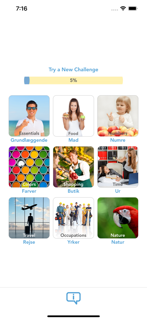 Main menu of the Danish for Beginners and Kids app showing educational lesson categories with Danish and English labels